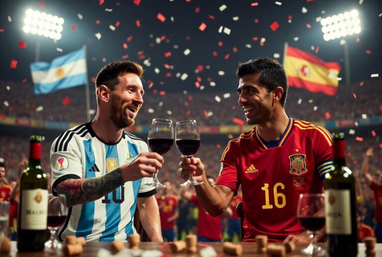Due calciatori in divisa Argentina e Spagna brindano con bicchieri di vino rosso in uno stadio durante una partita