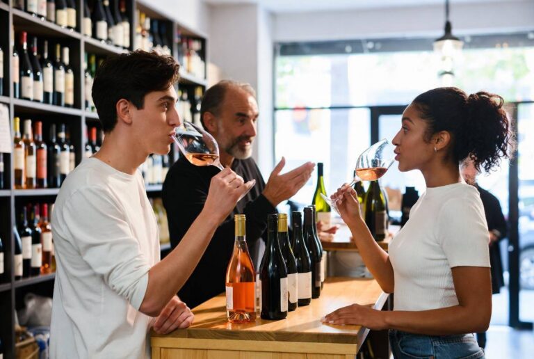 Tre giovani adulti degustano vini diversi in una enoteca moderna, con scaffali di bottiglie sullo sfondo