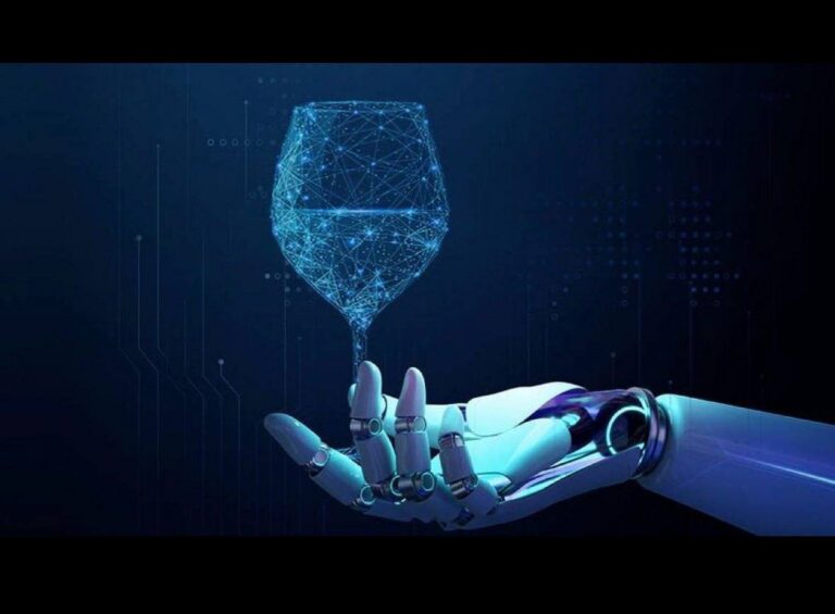 Mano robotica futuristica che tiene un calice di vino stilizzato in forma di rete neurale luminosa blu