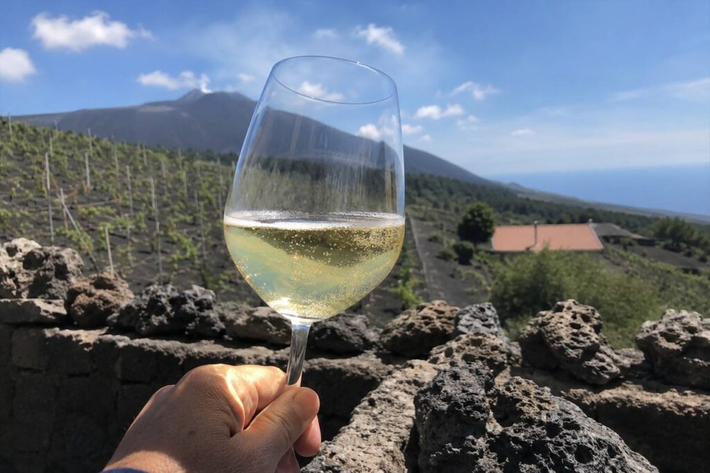 Calice di vino bianco frizzante con vista sul vulcano Etna e vigneti terrazzati siciliani sullo sfondo