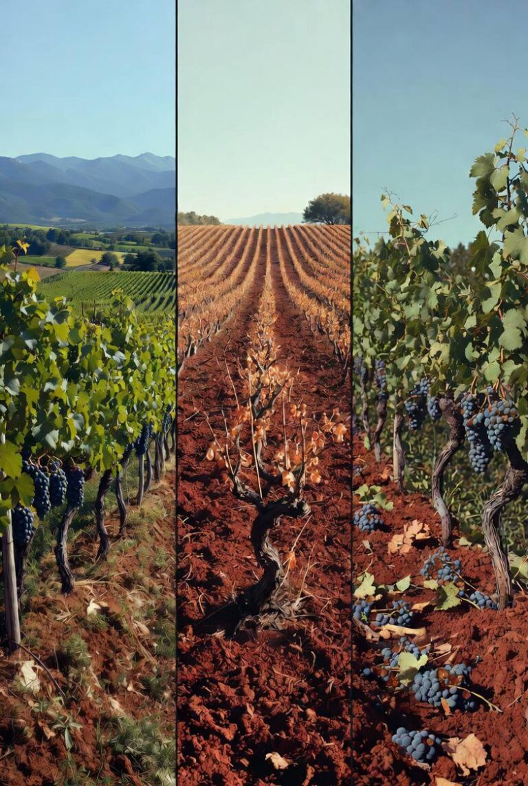 Tre pannelli di vigneti in diverse condizioni: verde rigoglioso, terreno arido rosso, e uva matura blu in primo piano