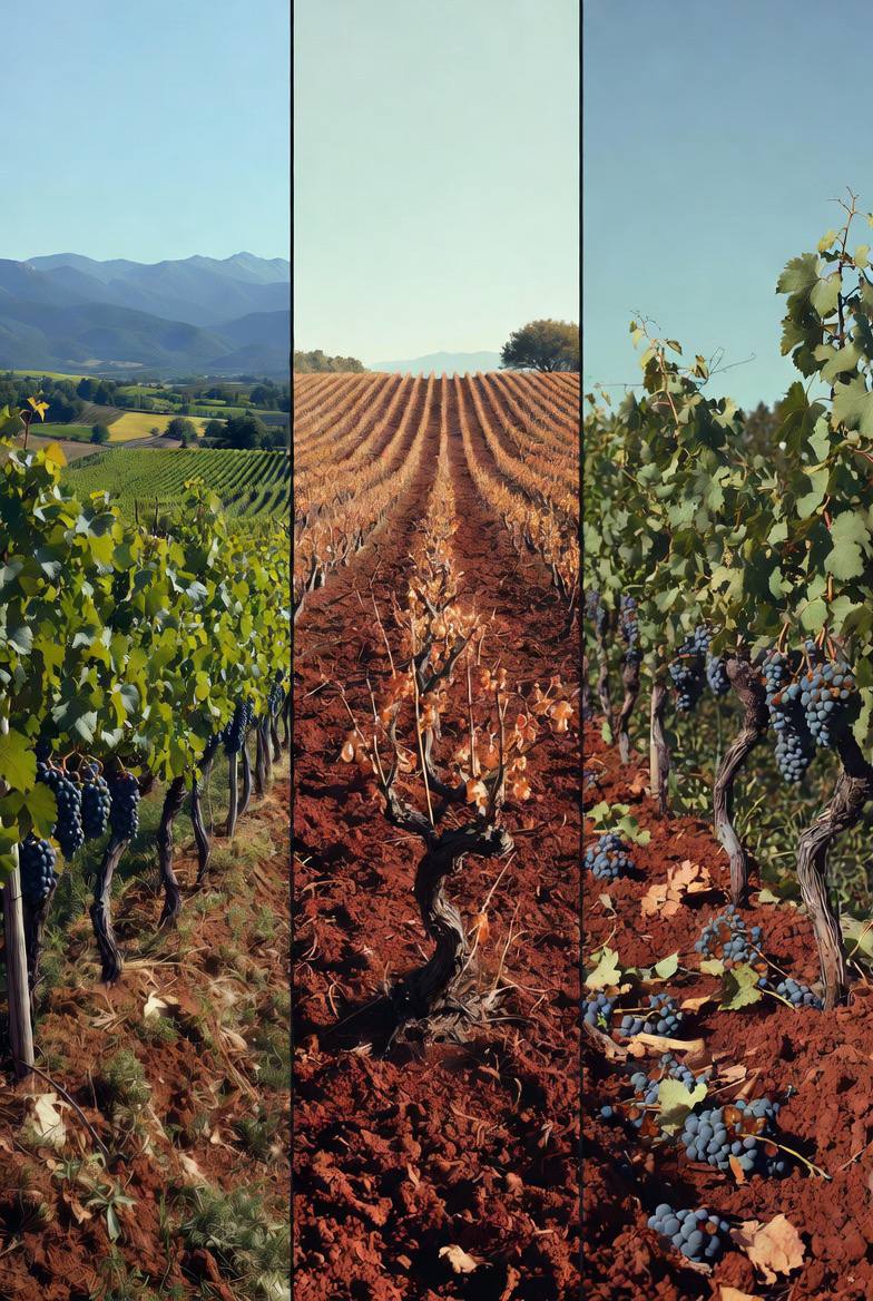Tre pannelli di vigneti in diverse condizioni: verde rigoglioso, terreno arido rosso, e uva matura blu in primo piano