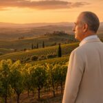 Uomo anziano guarda i vigneti toscani al tramonto con cipressi sullo sfondo