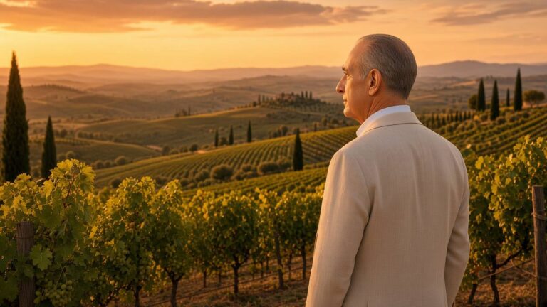 Uomo anziano guarda i vigneti toscani al tramonto con cipressi sullo sfondo