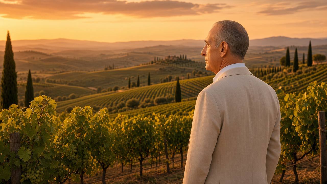 Uomo anziano guarda i vigneti toscani al tramonto con cipressi sullo sfondo