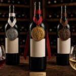 Tre bottiglie di vino con medaglie appese: argento, oro e bronzo, accompagnate da bicchieri con vini rosso e bianco