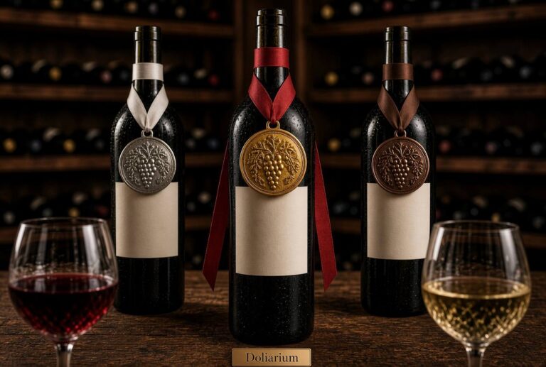 Tre bottiglie di vino con medaglie appese: argento, oro e bronzo, accompagnate da bicchieri con vini rosso e bianco
