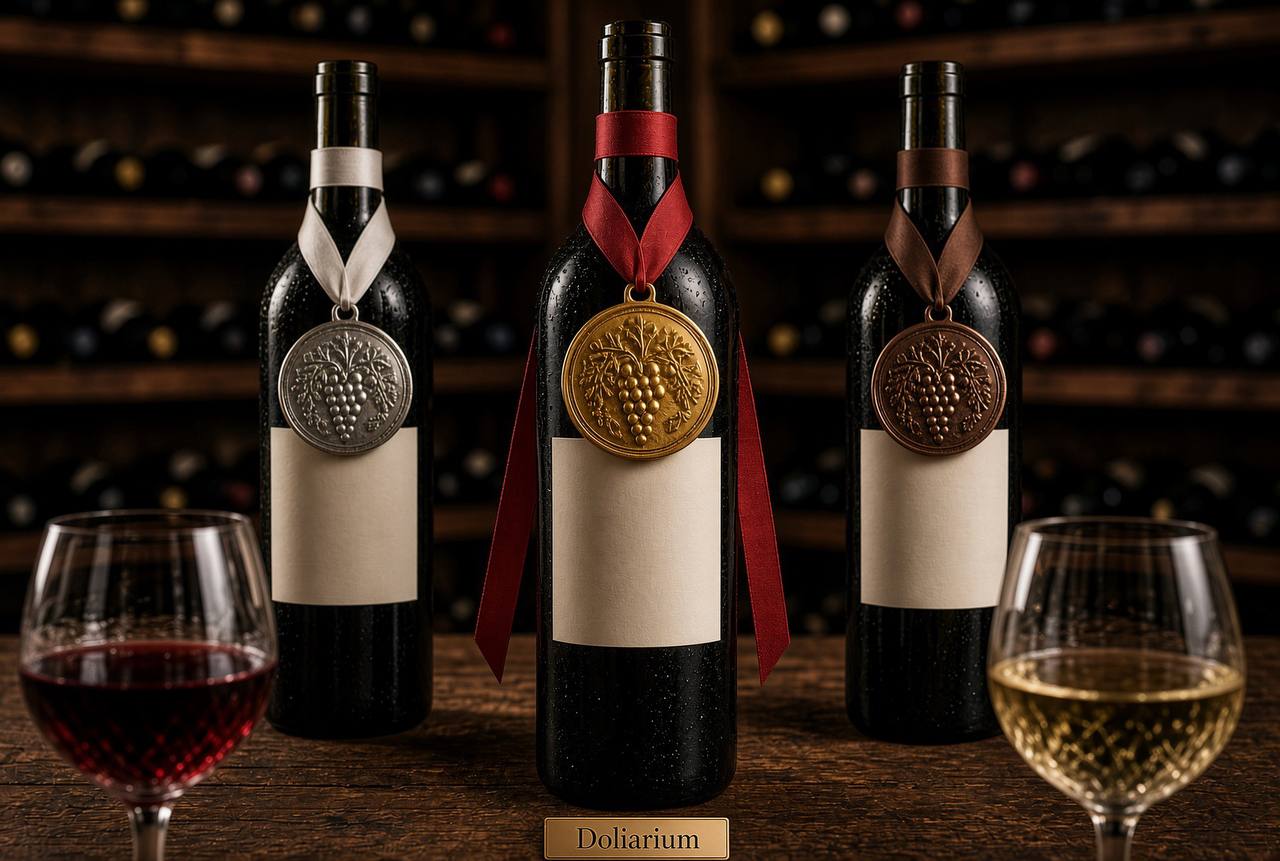 Tre bottiglie di vino con medaglie appese: argento, oro e bronzo, accompagnate da bicchieri con vini rosso e bianco