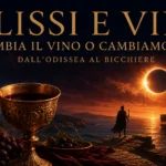 Coppa di vino davanti a un’eclissi sul mare, in un paesaggio ispirato all’Odissea