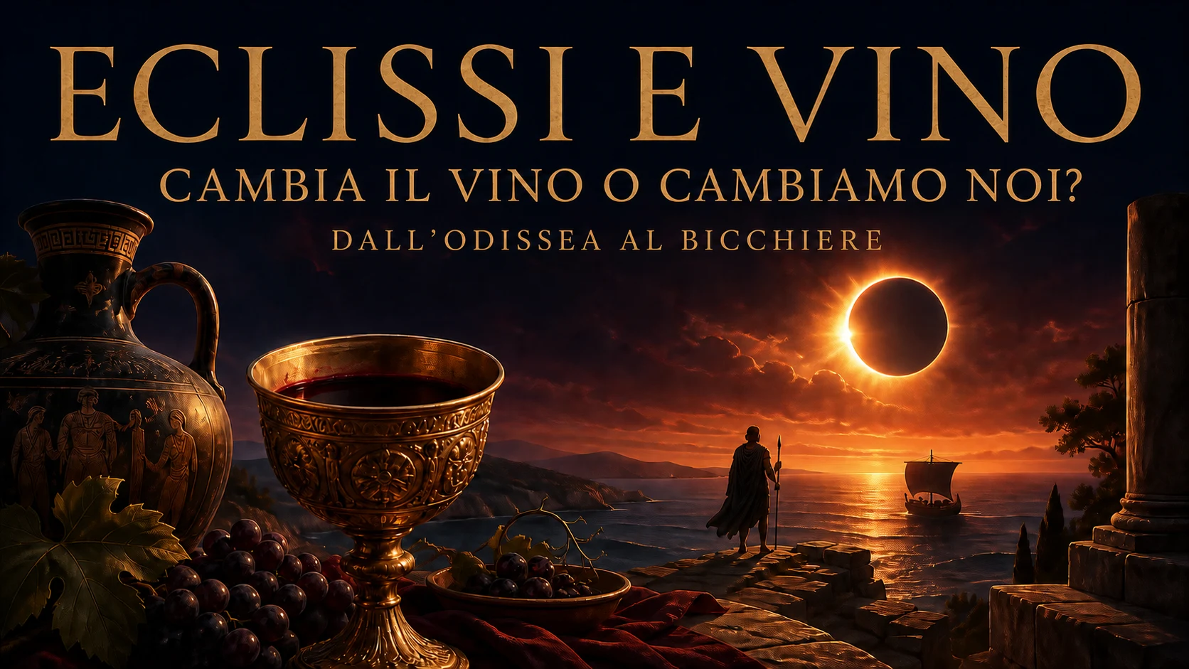 Coppa di vino davanti a un’eclissi sul mare, in un paesaggio ispirato all’Odissea