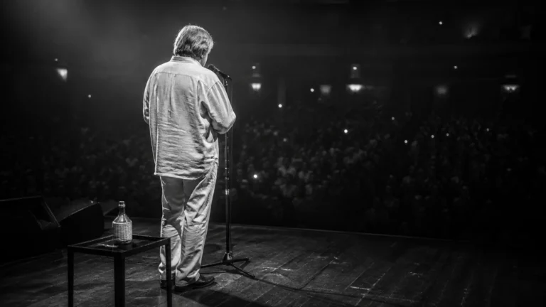 Cantautore di spalle sul palco davanti al pubblico, con una fiaschetta di vino accanto
