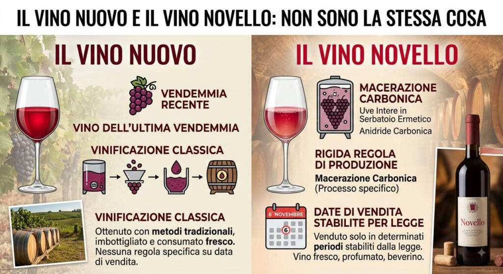 Confronto infografico tra vino nuovo e vino novello: caratteristiche, processo di vinificazione e normative di vendita