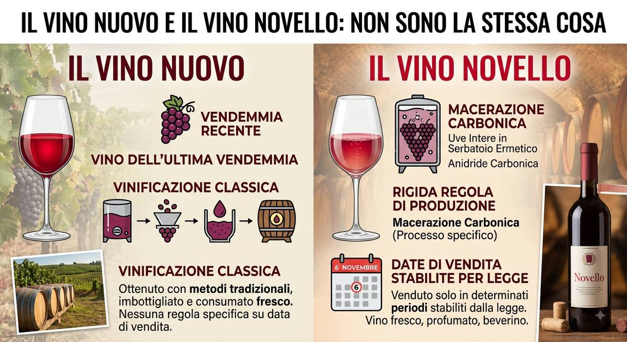 Confronto infografico tra vino nuovo e vino novello: caratteristiche, processo di vinificazione e normative di vendita